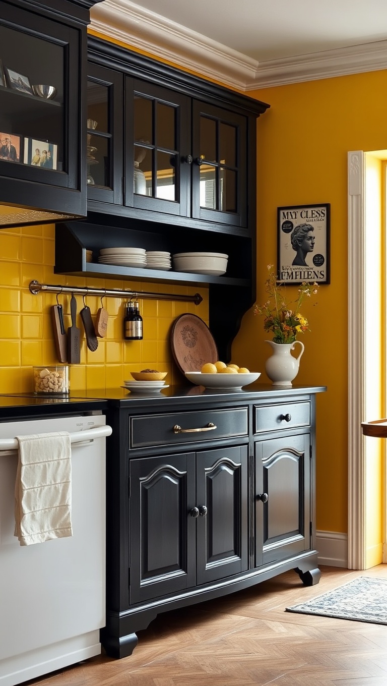 20 Charming Ways to Style Your Kitchen with an Antique Sideboard - 2. Bold Color Contrast: Bright Walls and a Dark Sideboard