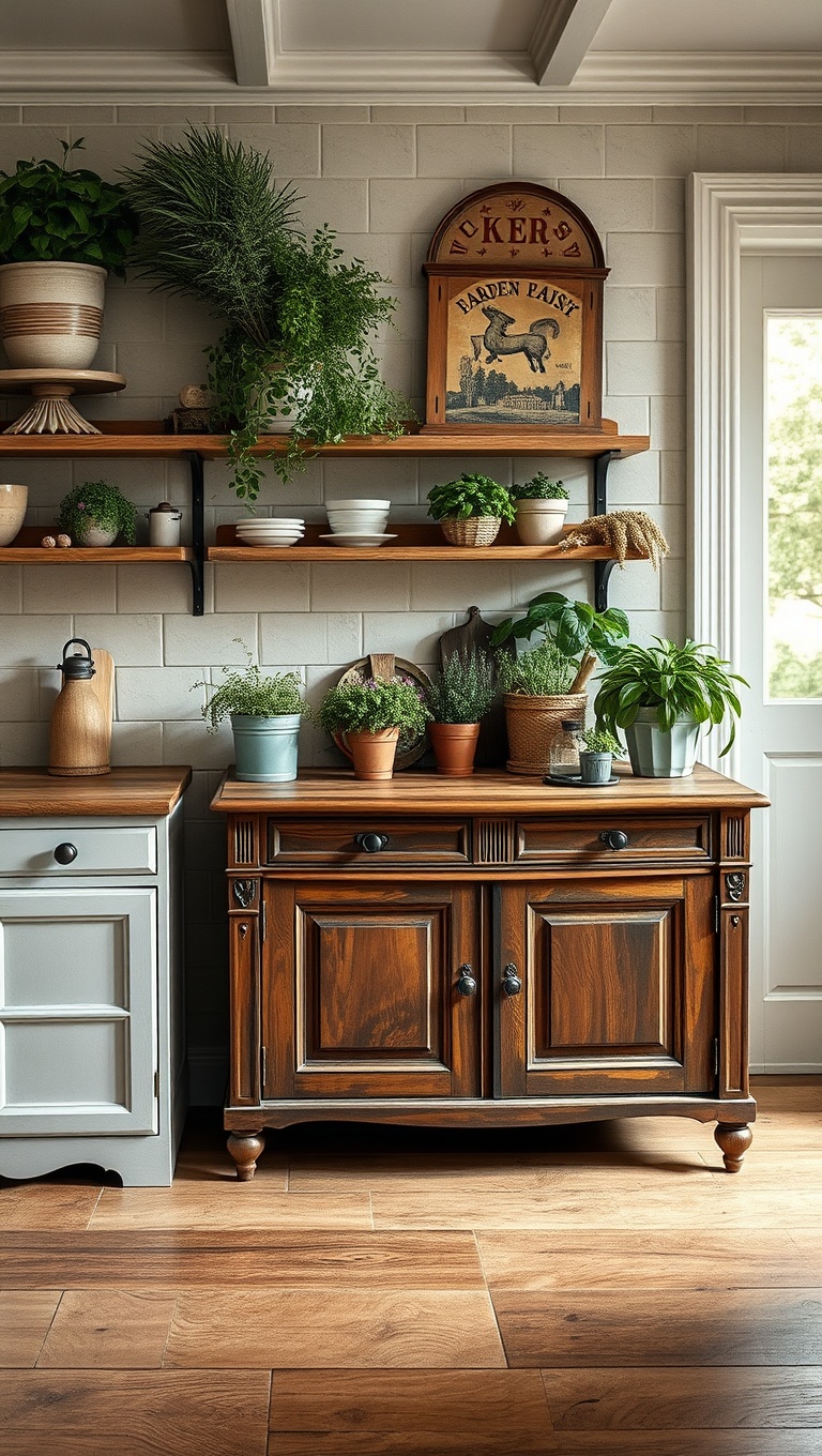 20 Charming Ways to Style Your Kitchen with an Antique Sideboard - 6. Garden Fresh: Incorporate Potted Herbs on Top