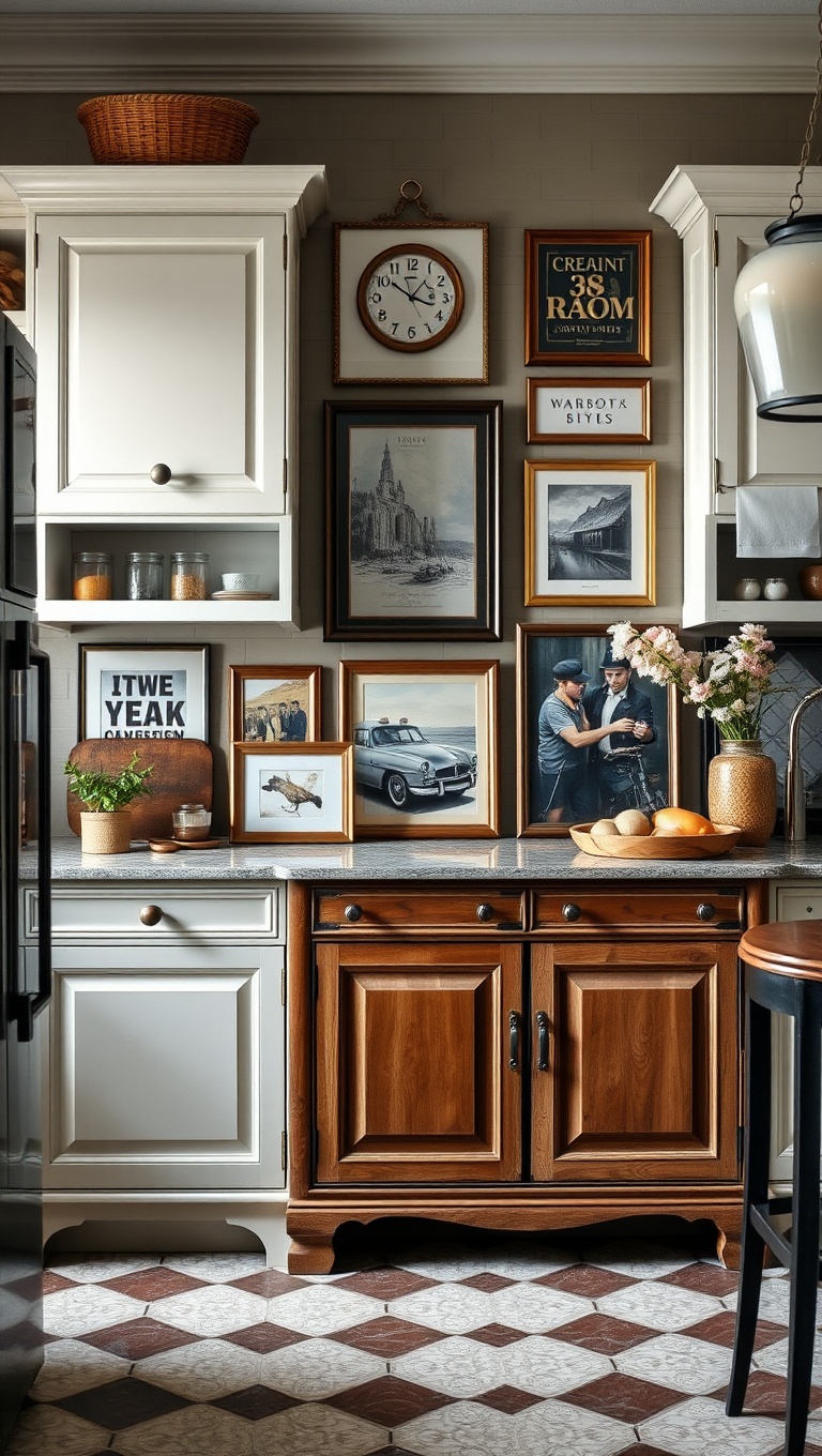 20 Charming Ways to Style Your Kitchen with an Antique Sideboard - 7. Artful Display: Curate a Gallery Wall Above