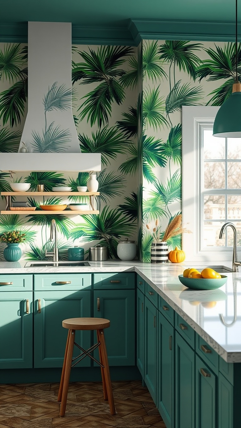 20 Bold Wallpaper Ideas to Transform Your Kitchen - Tropical Paradise: Palm Prints for a Vacation Feel