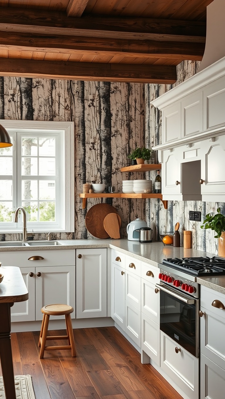 20 Bold Wallpaper Ideas to Transform Your Kitchen - Rustic Charm: Woodsy Patterns for a Cozy Kitchen