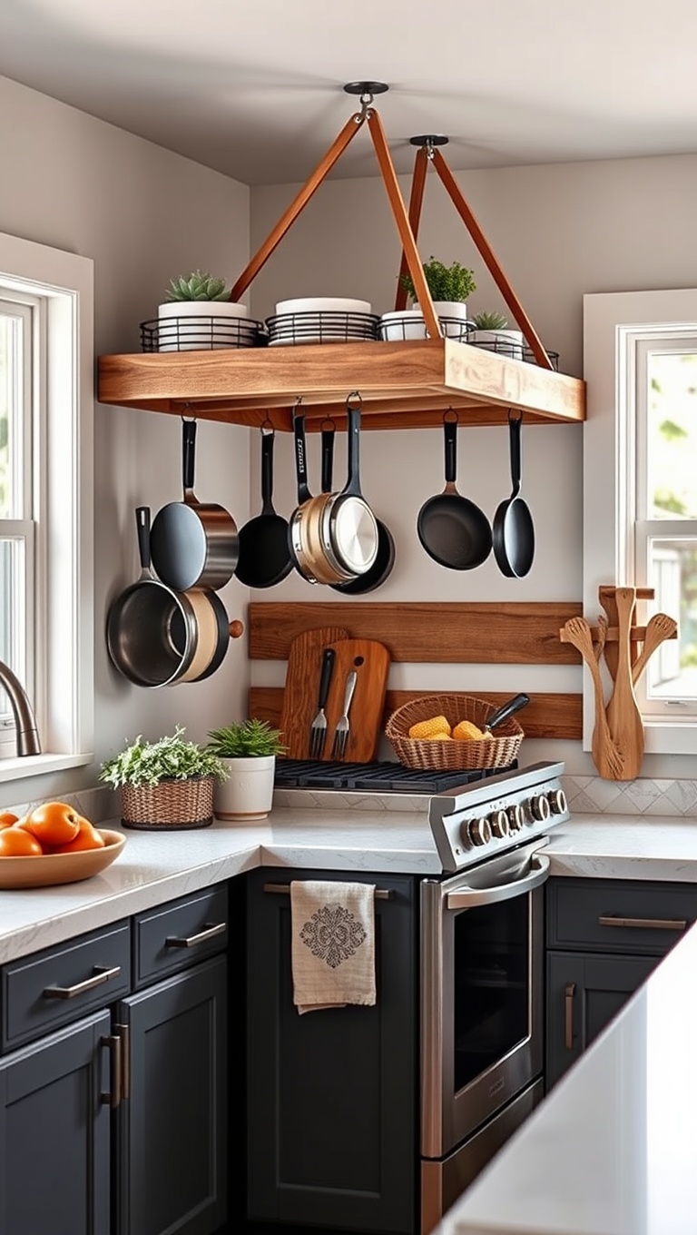 20 Stunning Ideas to Transform Your Kitchen with Reclaimed Wood Accents - 13. Functional Reclaimed Wood Pot Rack