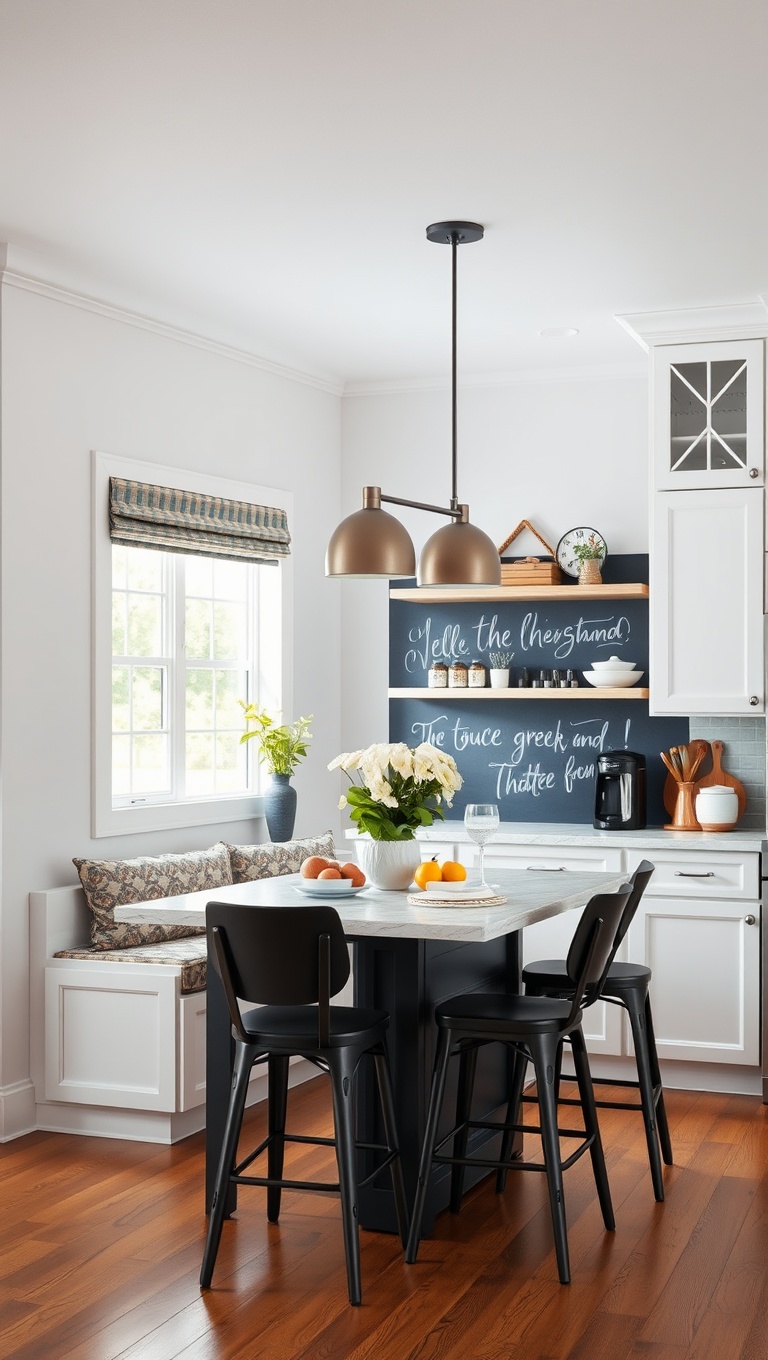 20 Cozy Kitchen Ideas with a Built-In Breakfast Nook You’ll Love - 15. Artistic Touch: Chalkboard Walls for Fun