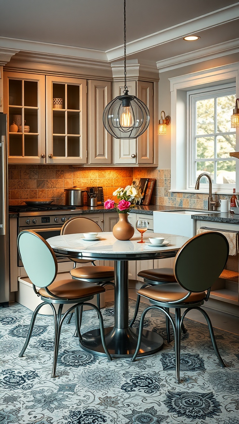 20 Cozy Kitchen Ideas with a Built-In Breakfast Nook You’ll Love - 5. Vintage Glam: Retro Table and Chairs