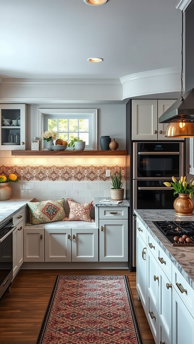 20 Cozy Kitchen Ideas with a Built-In Breakfast Nook You’ll Love - 6. Boho Chic: Patterns and Textures Galore