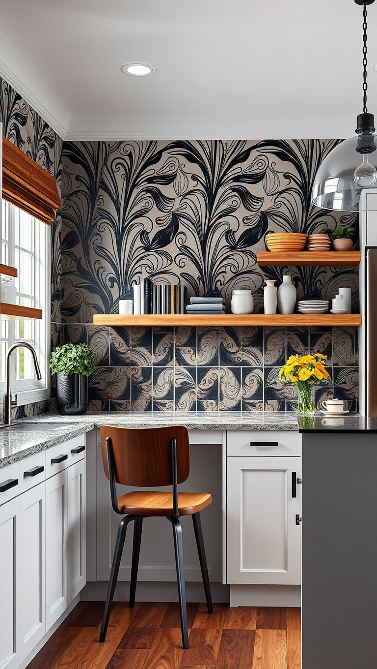 20 Fun & Functional Kitchen Desk Ideas to Elevate Your Space! - 18. Bold Wallpaper Backdrops: Make a Statement