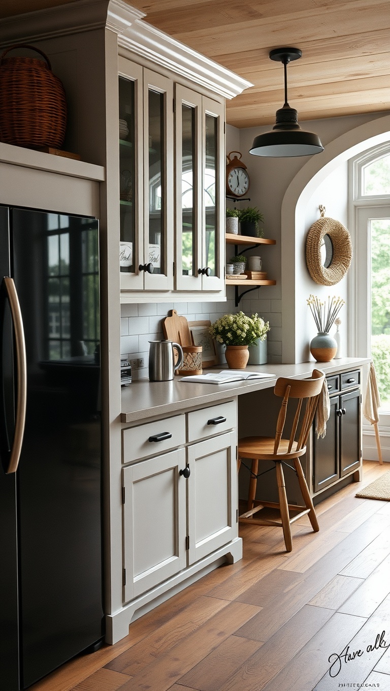 20 Fun & Functional Kitchen Desk Ideas to Elevate Your Space! - 17. Farmhouse Style: Vintage Accents and Comfort