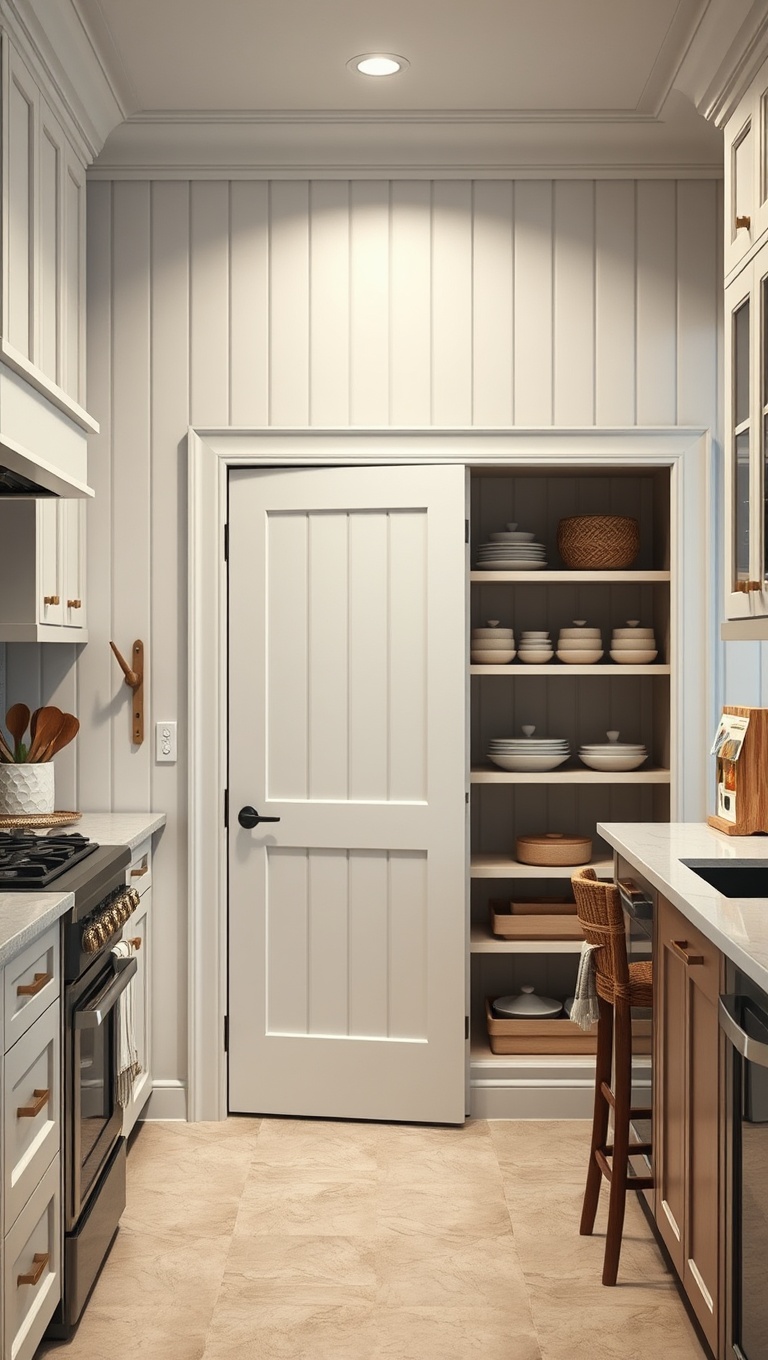 20 Creative Ideas for Kitchens with a Built-In Pantry Door - 12. Chic Beadboard Design