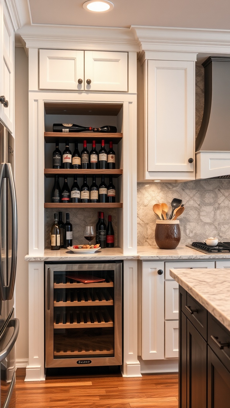 20 Fabulous Ideas for Kitchens with a Built-In Wine Cooler - 7. Open Shelving Beauty: Display your wine collection on open shelves above your cooler.