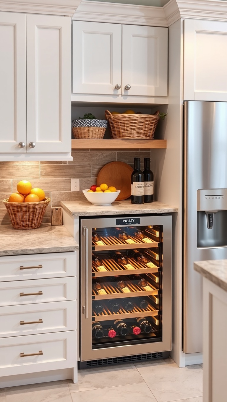 20 Fabulous Ideas for Kitchens with a Built-In Wine Cooler - 13. Chic Countertop Display: Use the top of your cooler for decorative items or fruit baskets.