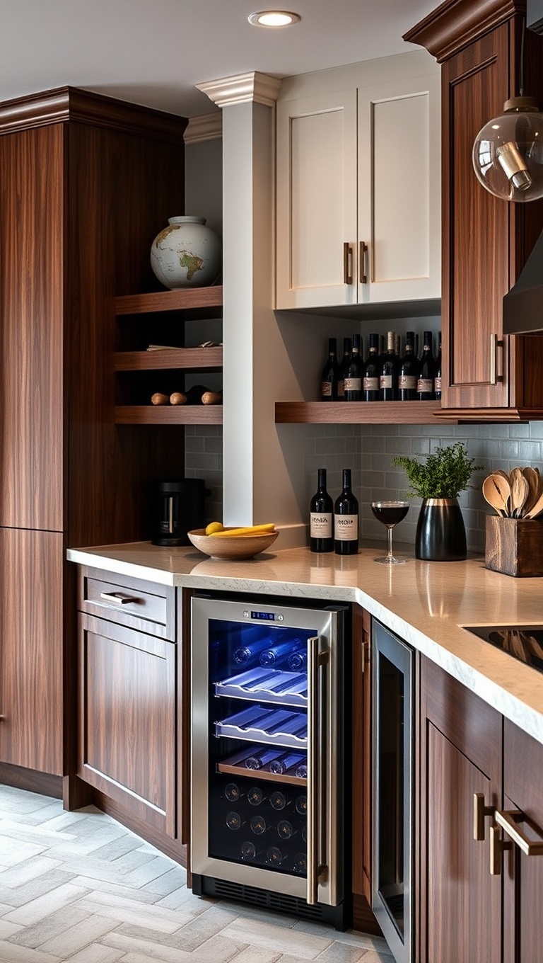 20 Fabulous Ideas for Kitchens with a Built-In Wine Cooler - 1. Cozy Corner Wine Nook: Make use of an unused corner with a chic built-in cooler.