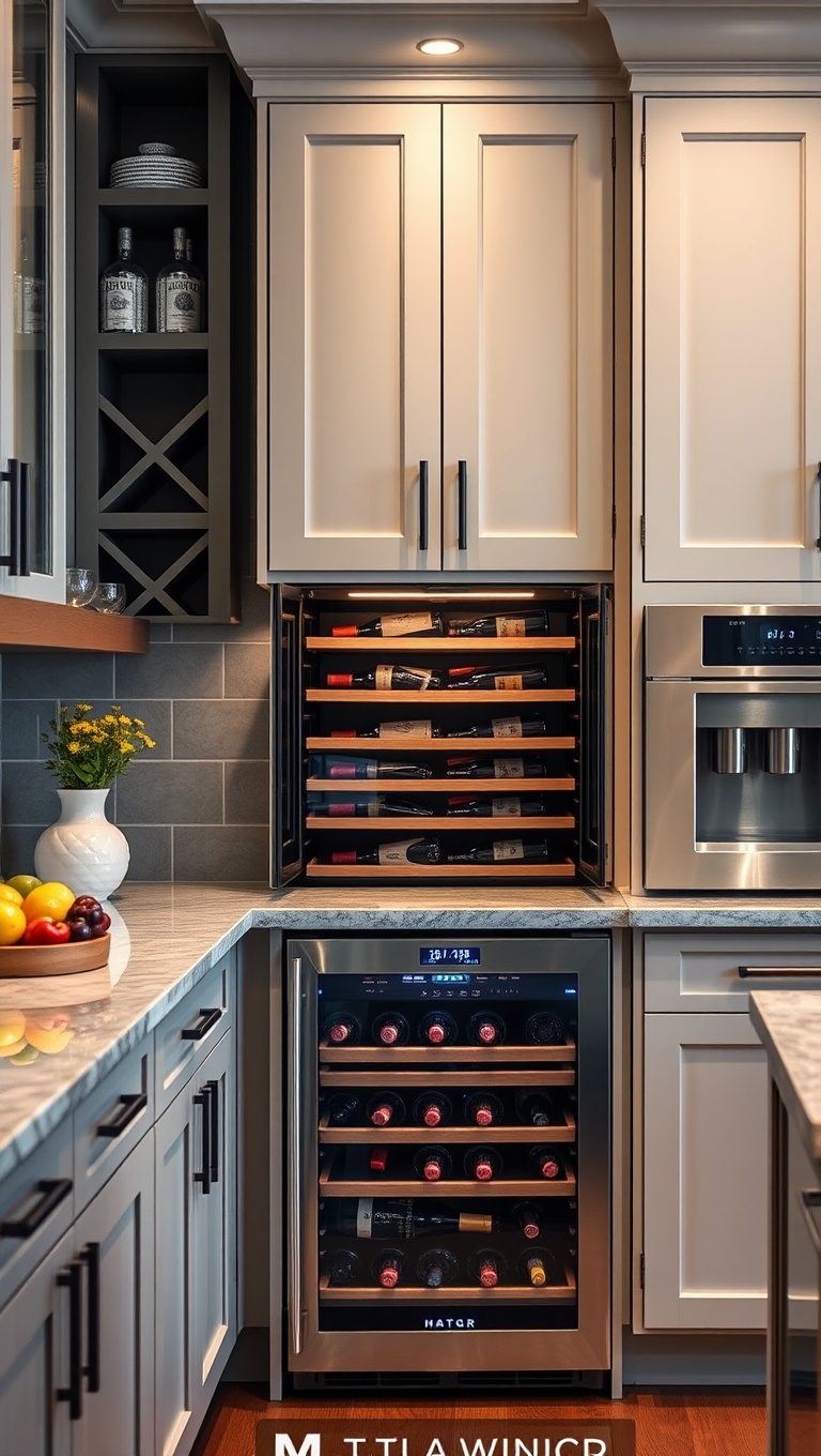 20 Fabulous Ideas for Kitchens with a Built-In Wine Cooler - 18. Stylish Cabinet Doors: Choose glass-front doors for your cooler to show off your collection.