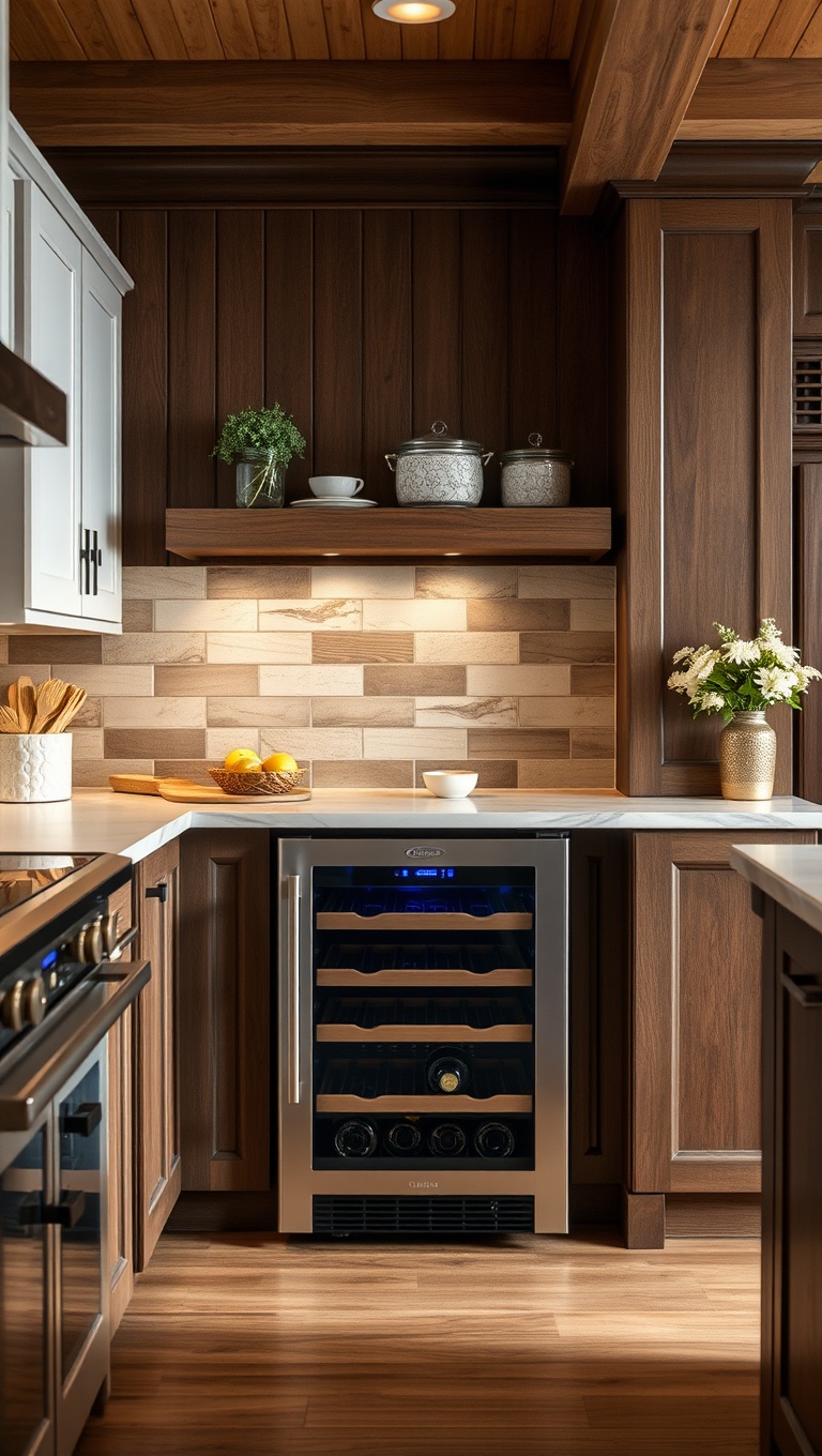 20 Fabulous Ideas for Kitchens with a Built-In Wine Cooler - 5. Rustic Charm: Pair a wood-paneled cooler with farmhouse decor for a cozy vibe.