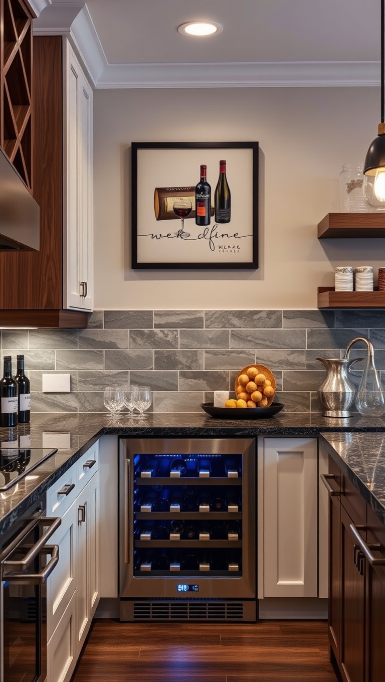 20 Fabulous Ideas for Kitchens with a Built-In Wine Cooler - 20. Fun Finishing Touches: Add personal touches, like wine-themed wall art, to tie everything together.