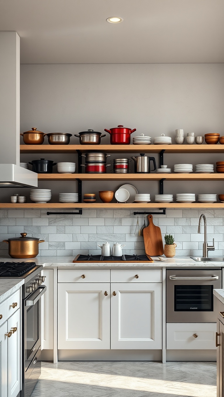 20 Inspiring Ideas for a Fabulous Central Cooking Station in Your Kitchen! - 8. Open Shelving: Showcase Your Favorite Cookware