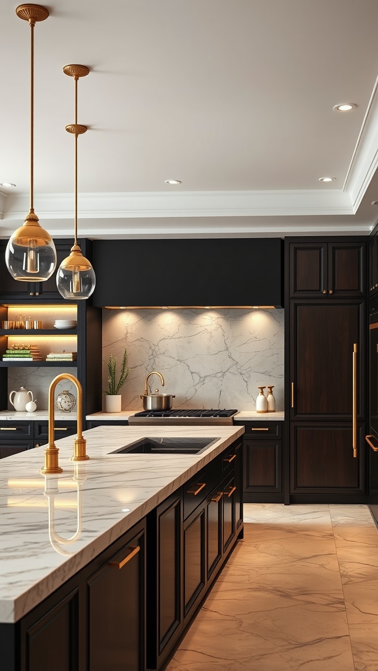 20 Inspiring Ideas for a Fabulous Central Cooking Station in Your Kitchen! - 13. Luxurious Touches: Marble Countertops and Gold Fixtures