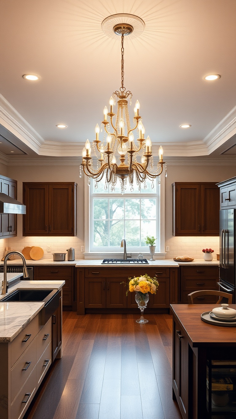20 Inspiring Ideas for a Fabulous Central Cooking Station in Your Kitchen! - 15. Statement Lighting: Hang a Stunning Chandelier Above