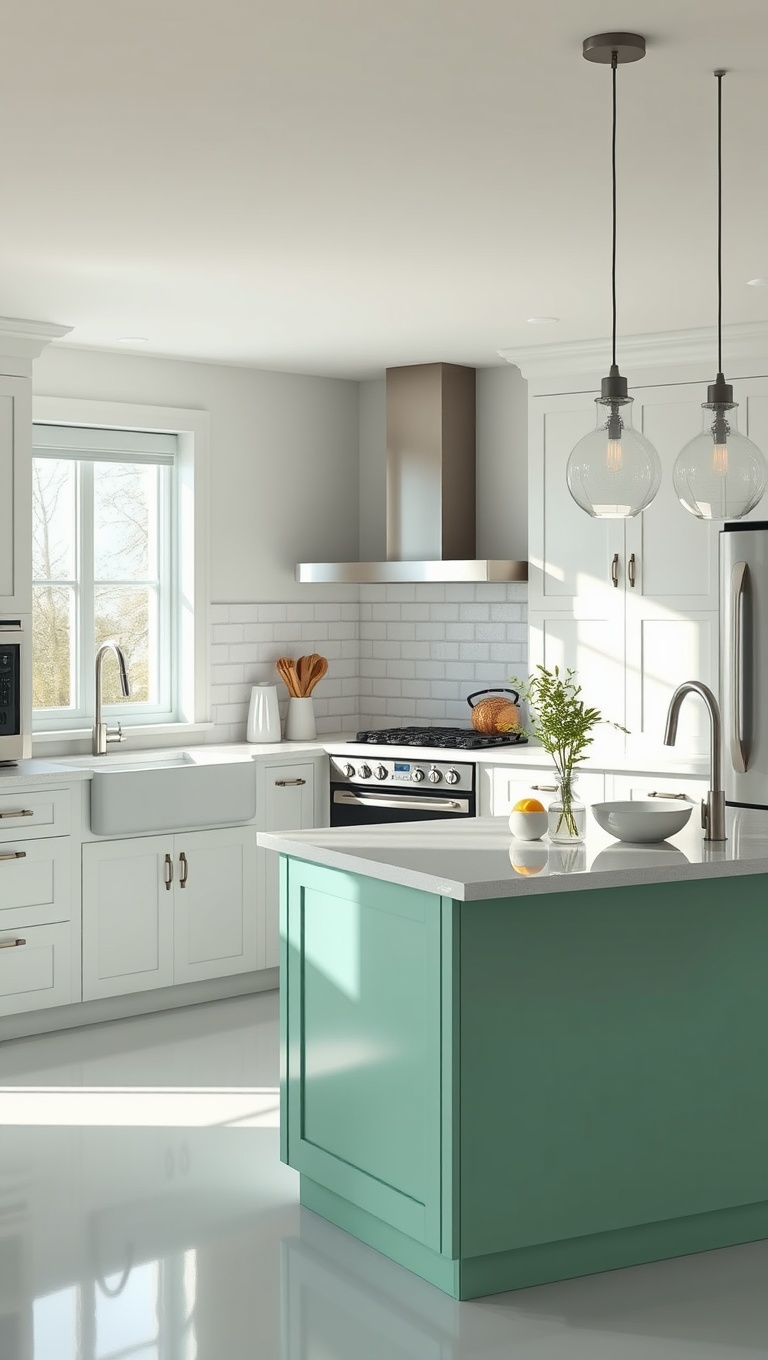 20 Stunning Ideas for Kitchens with a Contrasting Island Color! - Mint Green Island with Crisp White Surroundings