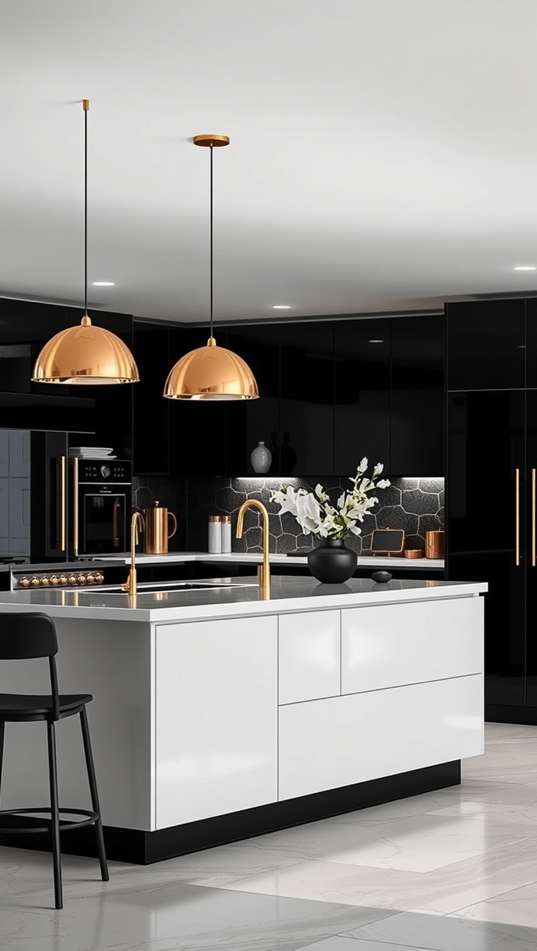 20 Stunning Ideas for Kitchens with a Contrasting Island Color! - Bold Black and Gold Accents on a Bright White Island