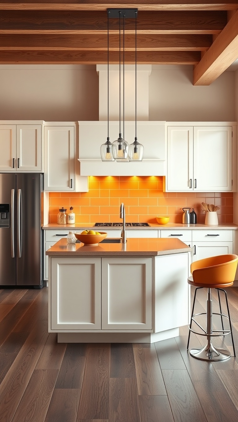 20 Stunning Ideas for Kitchens with a Contrasting Island Color! - Bright Orange Island to Spice Up a Cream Kitchen