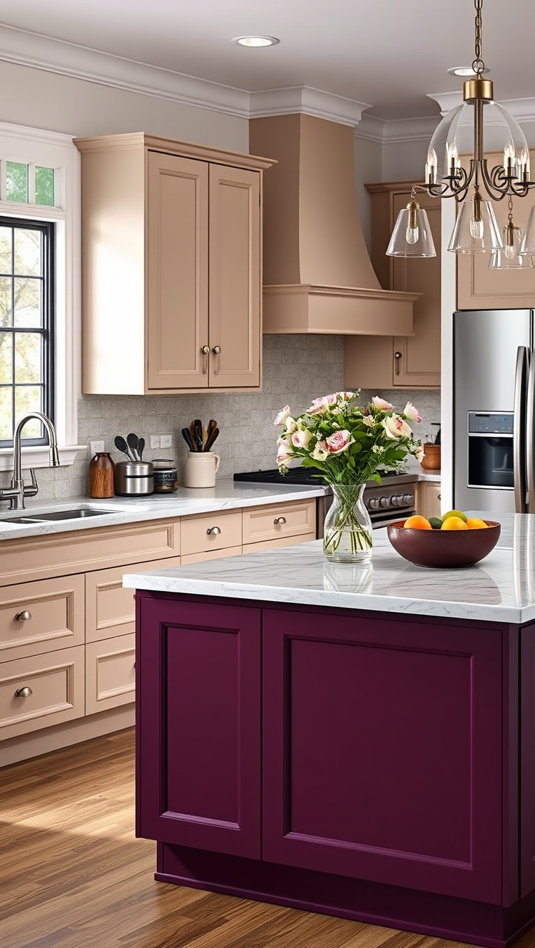 20 Stunning Ideas for Kitchens with a Contrasting Island Color! - Sophisticated Beige Cabinets with a Rich Plum Island