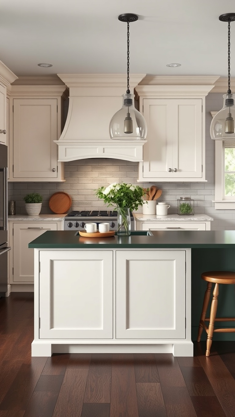 20 Stunning Ideas for Kitchens with a Contrasting Island Color! - Rustic Farmhouse: Cream Cabinets and Deep Green Island