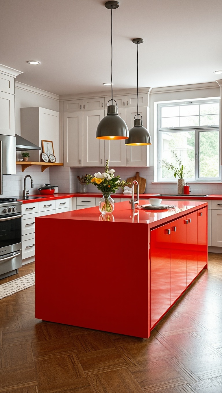 20 Stunning Ideas for Kitchens with a Contrasting Island Color! - Bright Red Island in a Neutral Kitchen