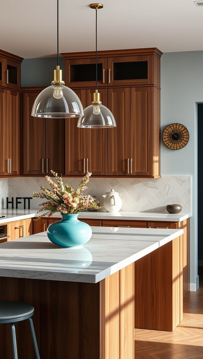 20 Stunning Ideas for Kitchens with a Contrasting Island Color! - Warm Walnut Cabinets Paired with a Turquoise Centerpiece
