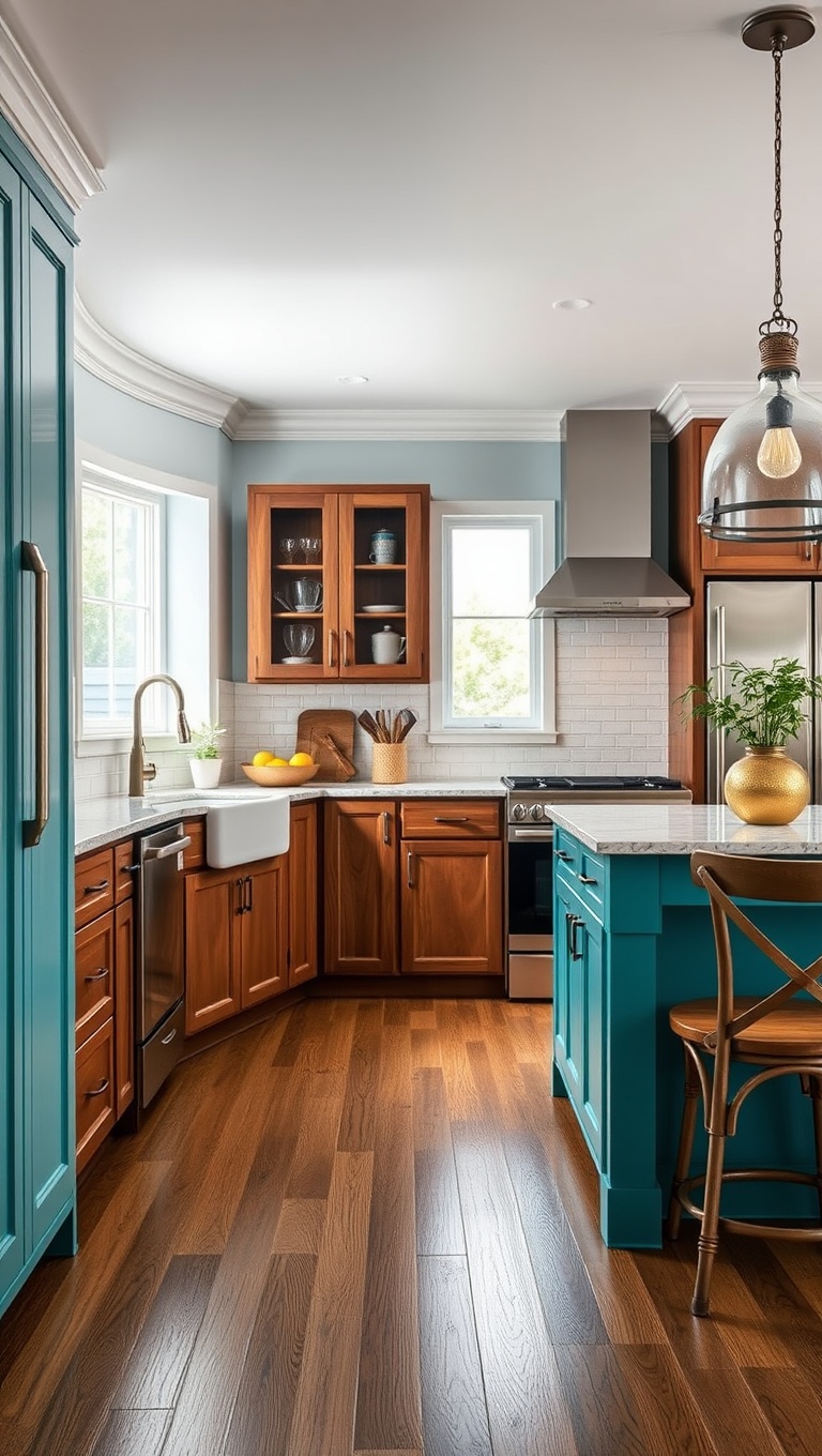20 Stunning Ideas for Kitchens with a Contrasting Island Color! - Aqua Island Adding a Splash to Traditional Wood Cabinets