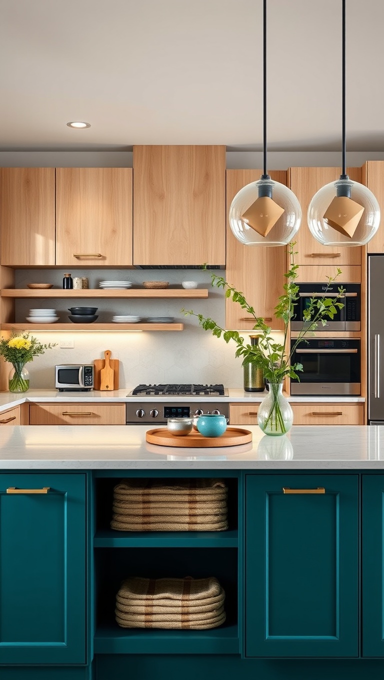 20 Stunning Ideas for Kitchens with a Contrasting Island Color! - Deep Teal Island with Light Maple Cabinetry