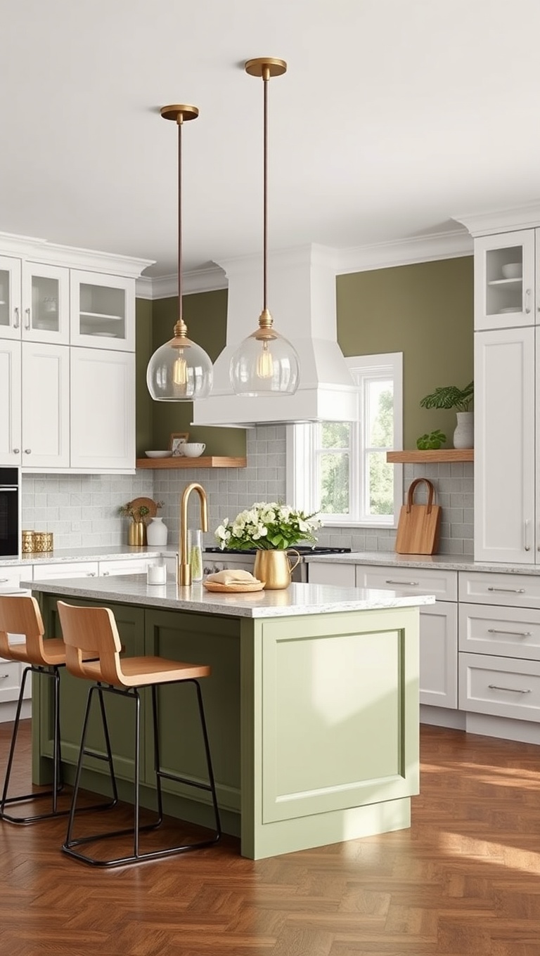 20 Stunning Ideas for Kitchens with a Contrasting Island Color! - Gorgeous Olive Green Island to Brighten White Cabinets