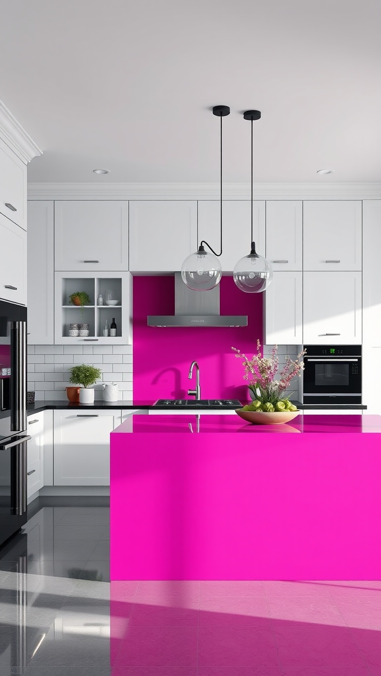 20 Stunning Ideas for Kitchens with a Contrasting Island Color! - Vibrant Fuchsia in a Clean Black and White Kitchen