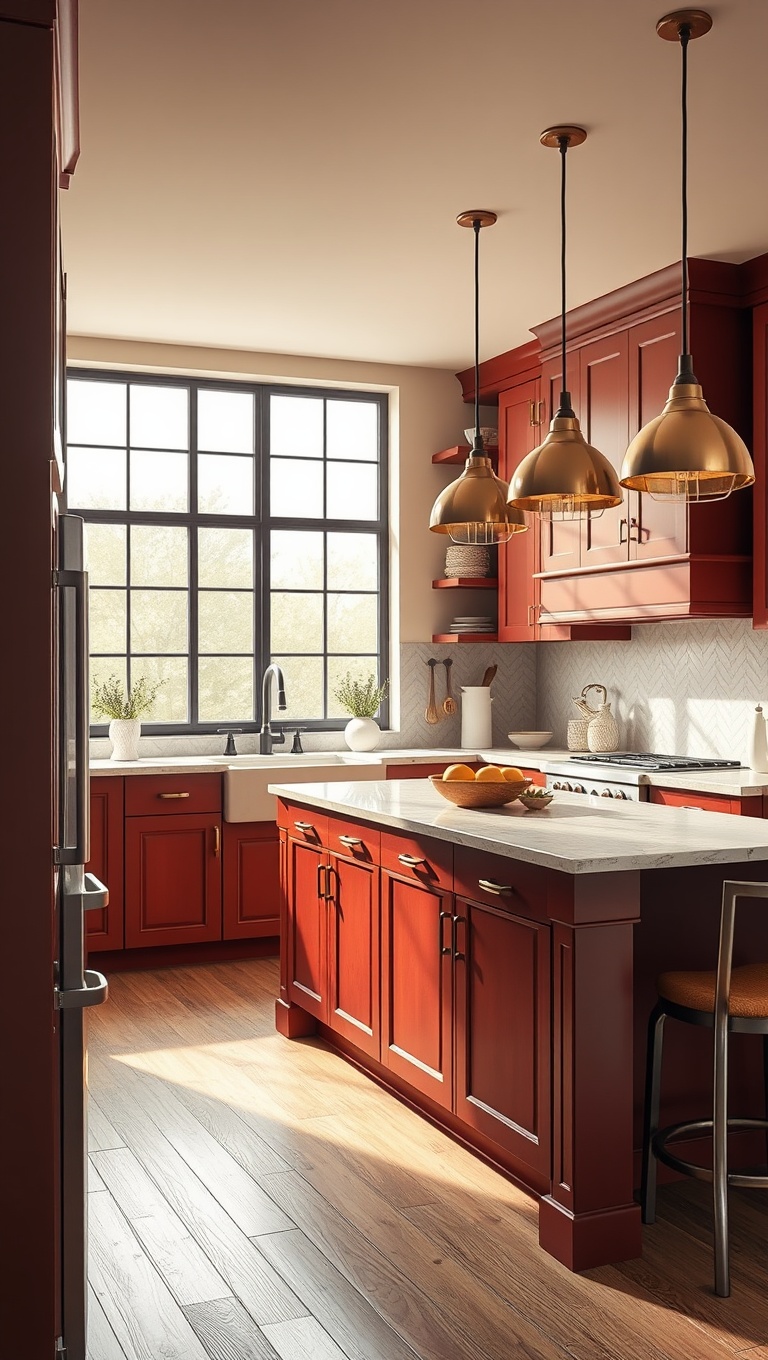 20 Stunning Ideas for Kitchens with a Contrasting Island Color! - Warm Cherry Island with Soft Beige Surroundings