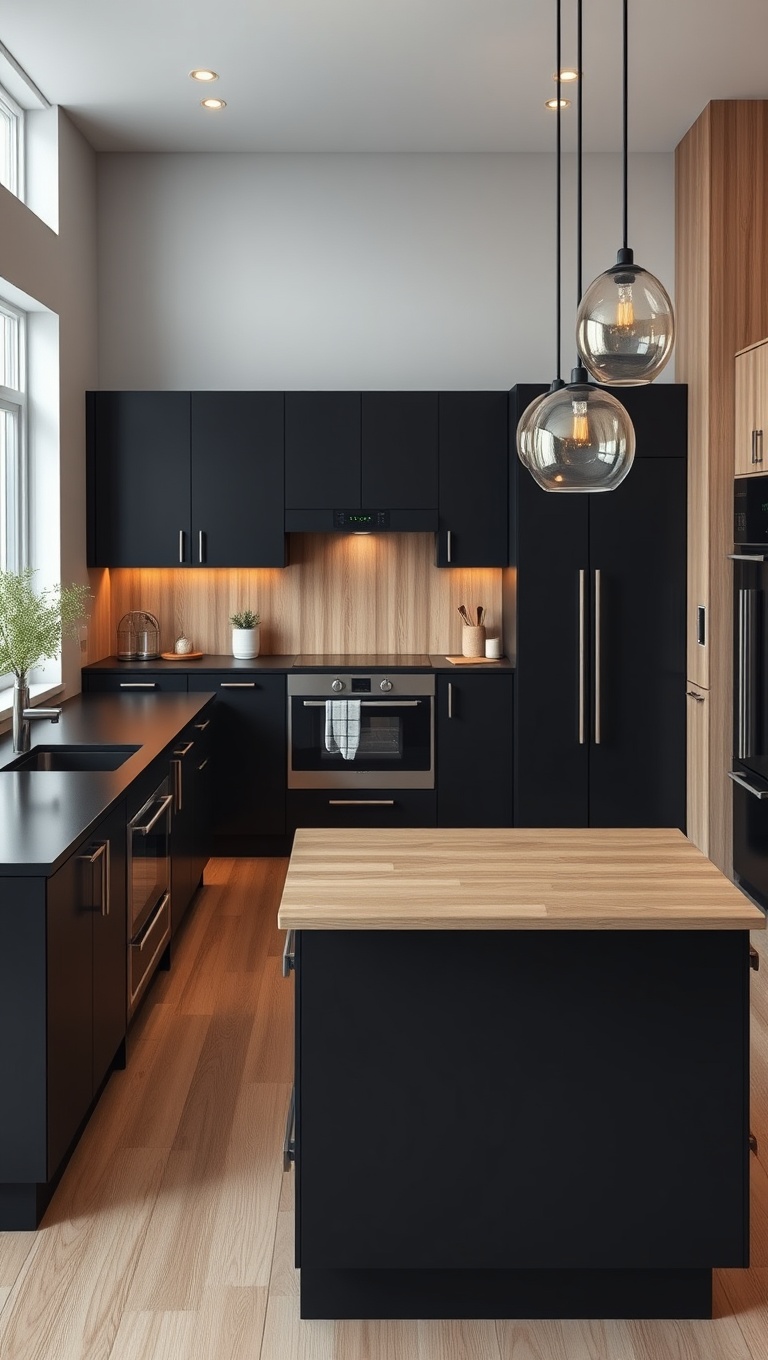 20 Stunning Ideas for Kitchens with a Contrasting Island Color! - Elegant Black Island with Light Wood Accents