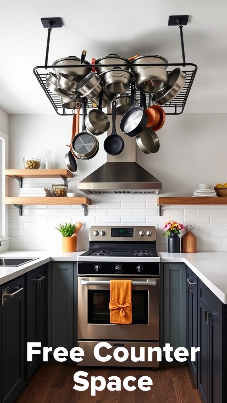 20 Clever Kitchen Storage Solutions That Will Inspire You - 10. Ceiling Pot Rack: Free Up Counter Space