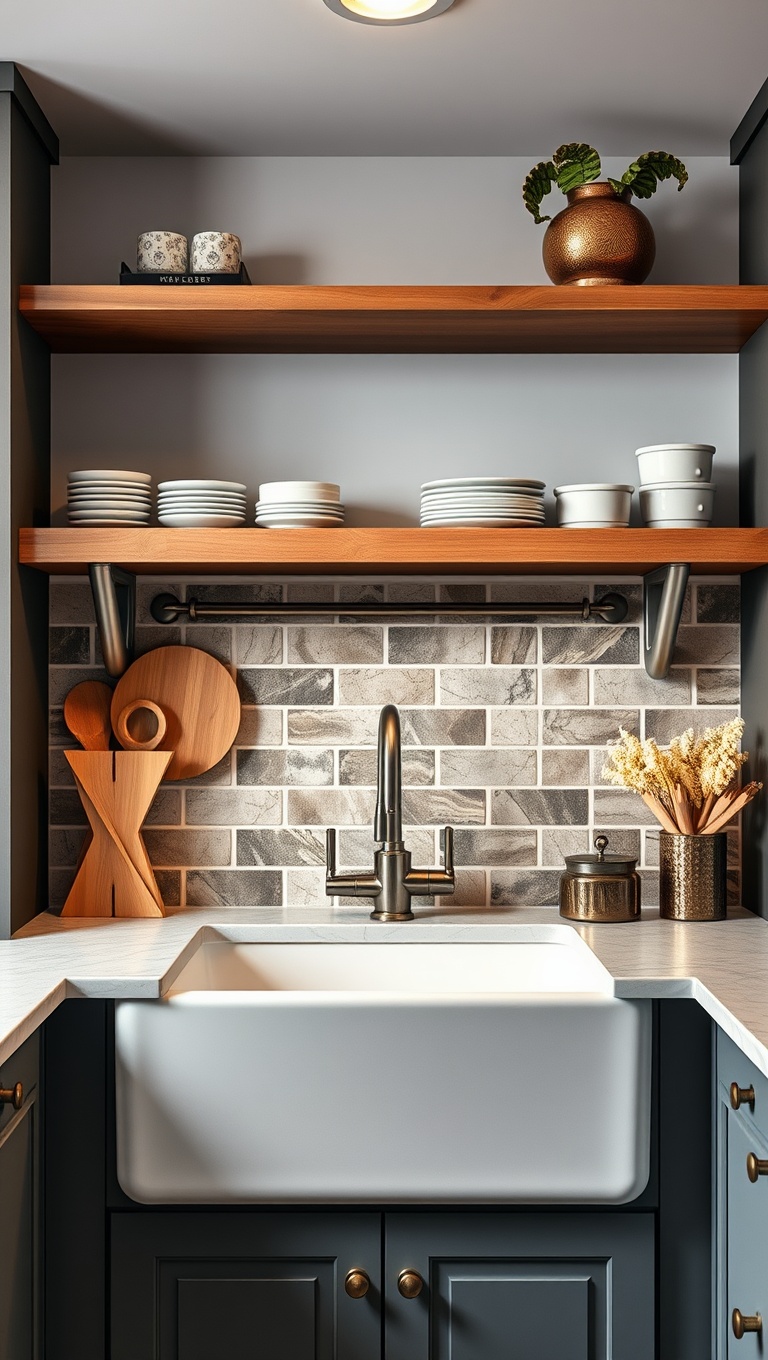 20 Charming Ideas to Elevate Your Kitchen with a Farmhouse Sink - 4. Open Shelving Above the Sink for Easy Access