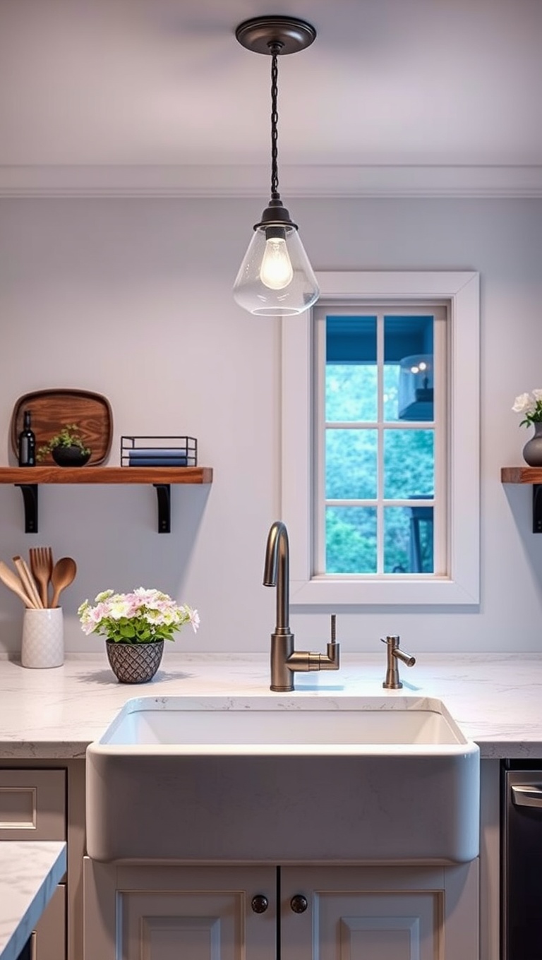 20 Charming Ideas to Elevate Your Kitchen with a Farmhouse Sink - 14. Chic Lighting Above Your Farmhouse Sink