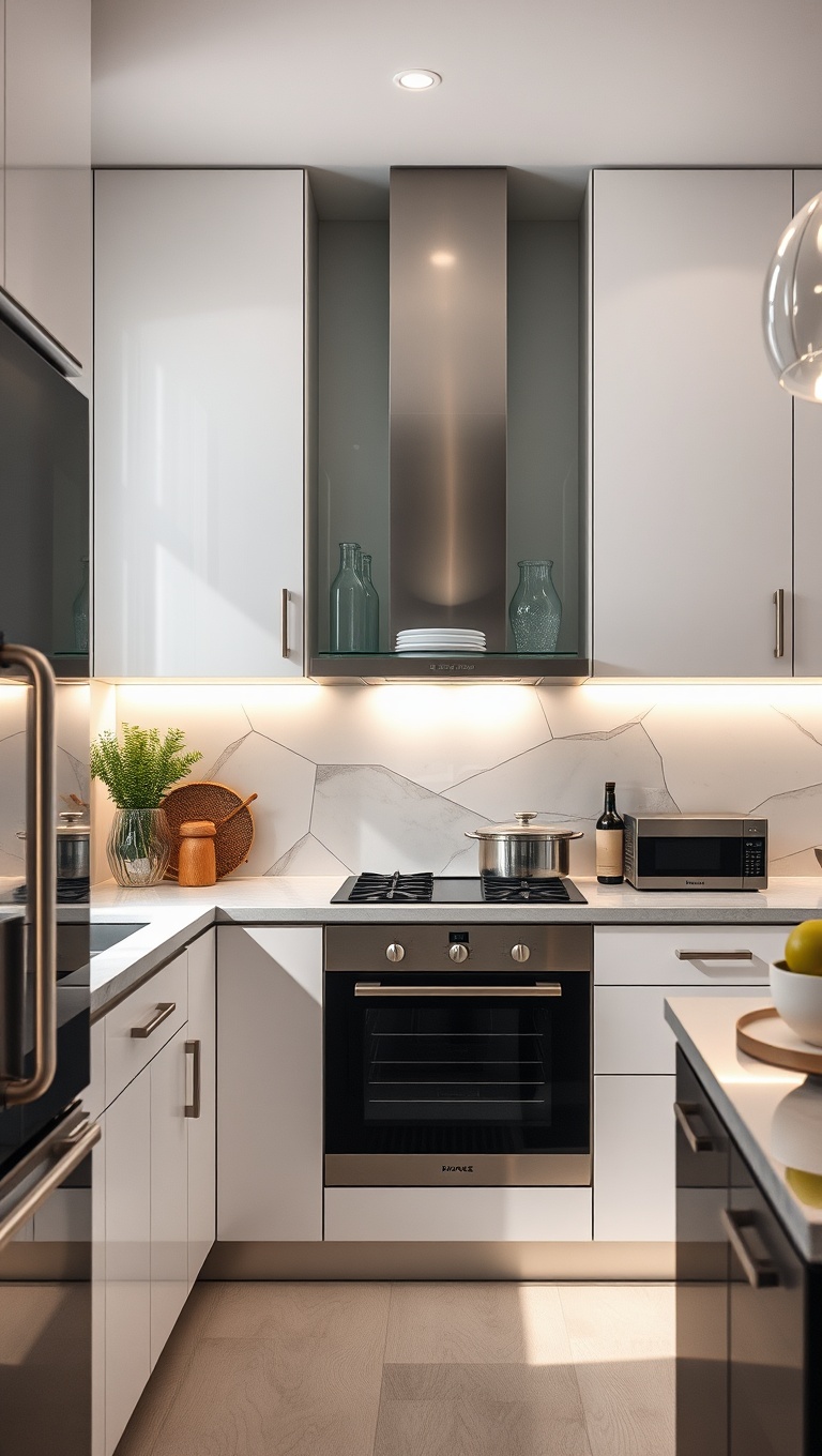 20 Stunning Ideas to Elevate Your Kitchen with Glass Front Cabinets - 11. Modern Geometric: Unique Glass Shapes