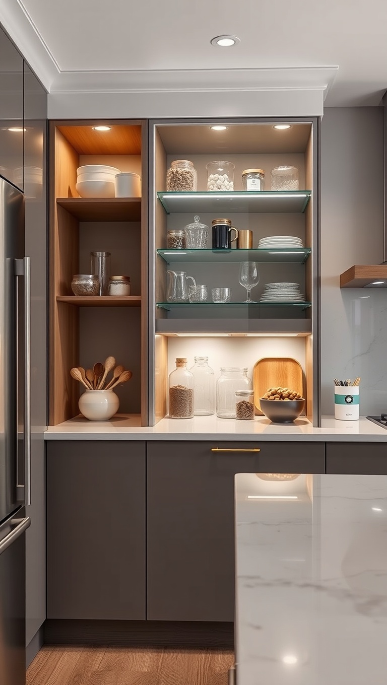 20 Stunning Ideas to Elevate Your Kitchen with Glass Front Cabinets - 20. Smart Storage: Hidden Organization Behind Glass