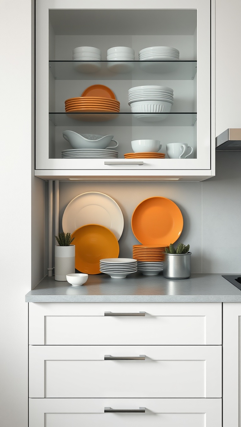 20 Stunning Ideas to Elevate Your Kitchen with Glass Front Cabinets - 2. Color Pop: Bright Dishes Behind Glass