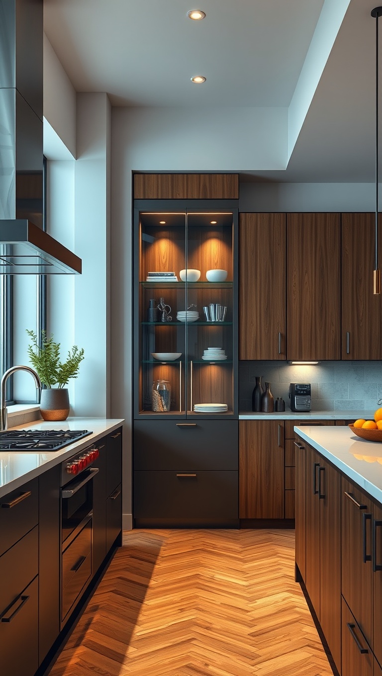20 Stunning Ideas to Elevate Your Kitchen with Glass Front Cabinets - 17. Dynamic Heights: Tall Glass Display Cabinets