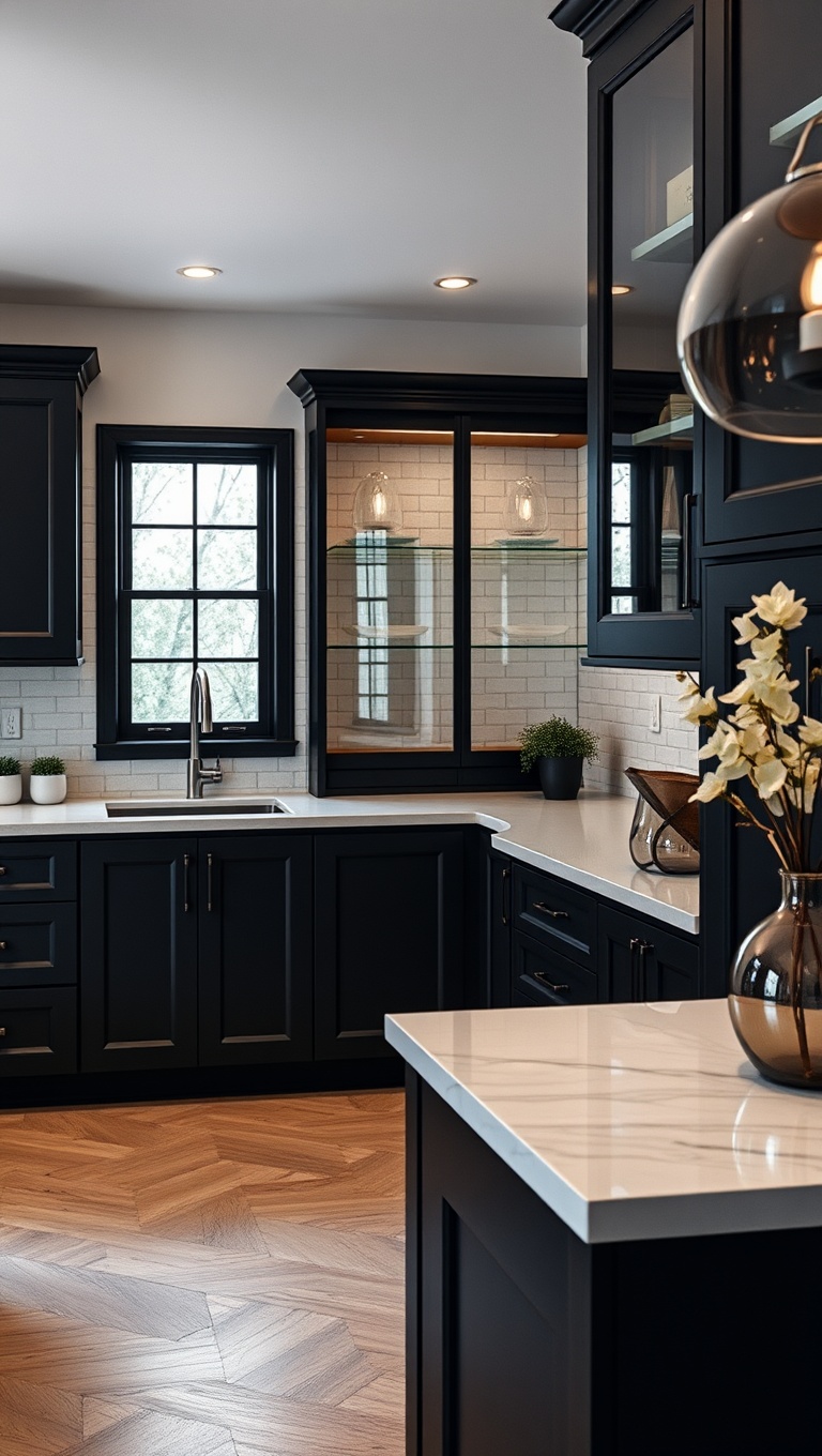 20 Stunning Ideas to Elevate Your Kitchen with Glass Front Cabinets - 5. Chic Contrast: Dark Cabinets with Glass