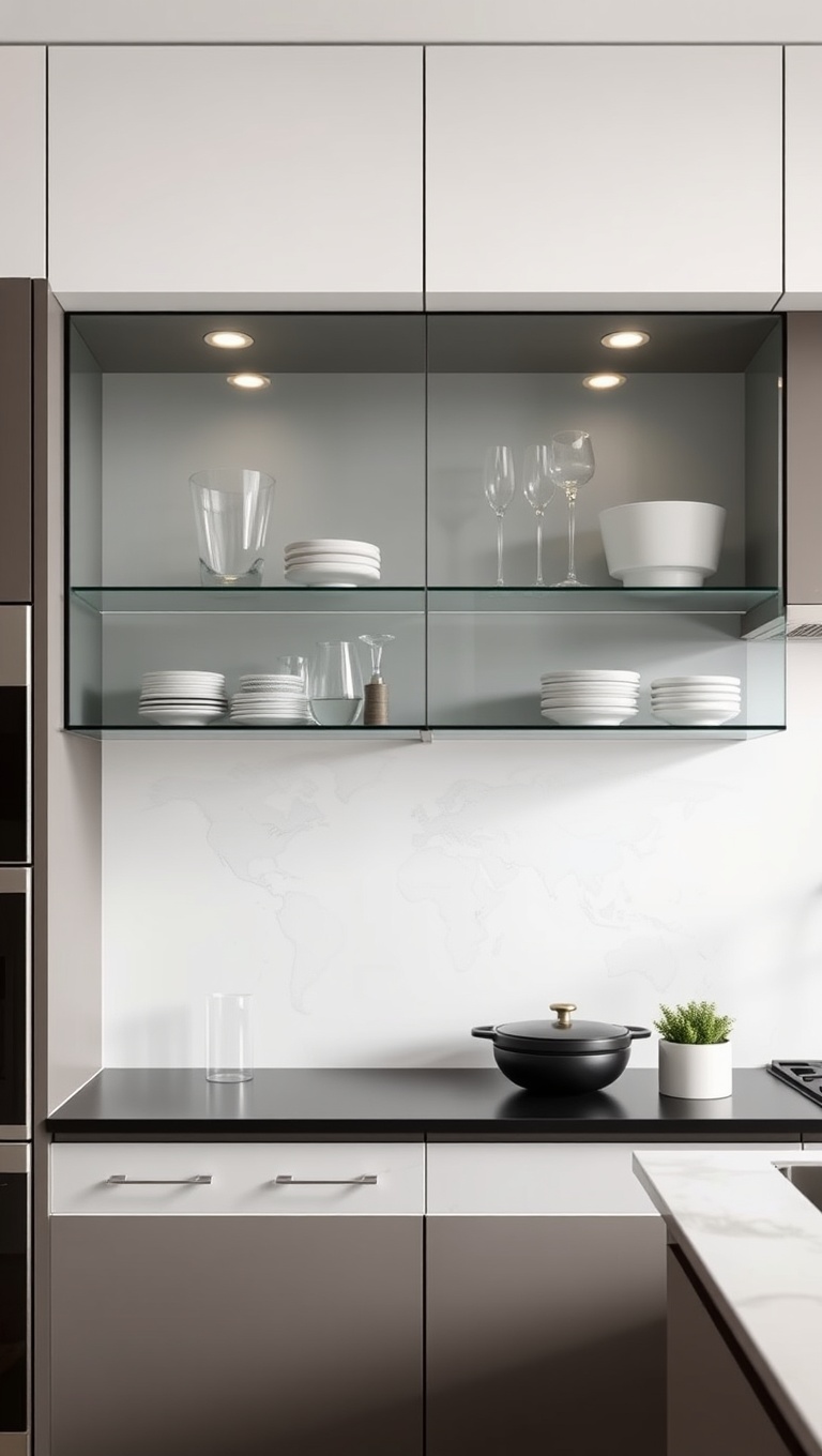 20 Stunning Ideas to Elevate Your Kitchen with Glass Front Cabinets - 1. Minimalist Magic: Sleek Glass Shelves