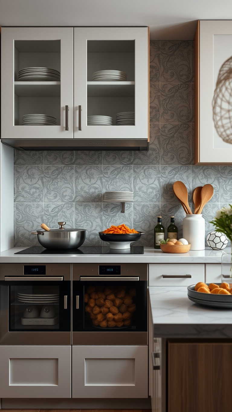 20 Stunning Ideas to Elevate Your Kitchen with Glass Front Cabinets - 7. Layered Looks: Mix and Match Dishes