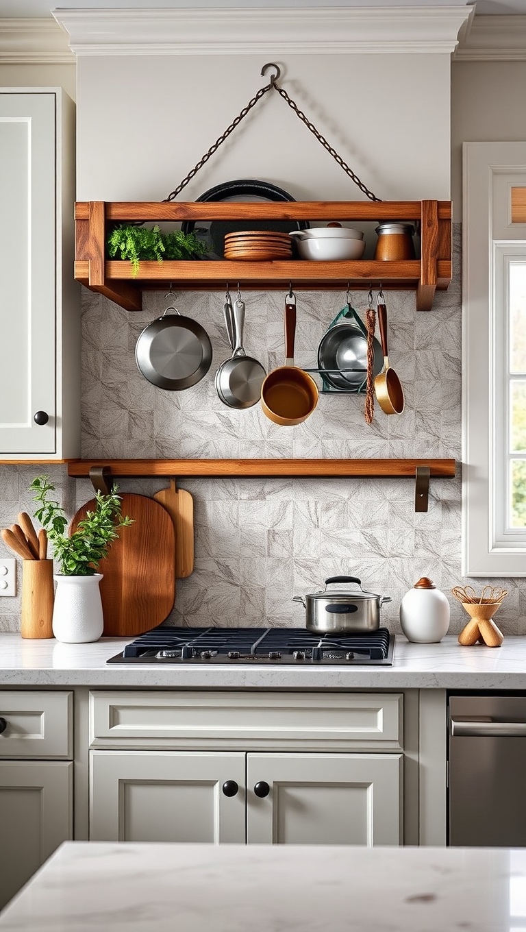 20 Creative Ideas to Elevate Your Kitchen with a Hanging Pot Rack! - 9. Farmhouse Style: Classic Wooden Racks
