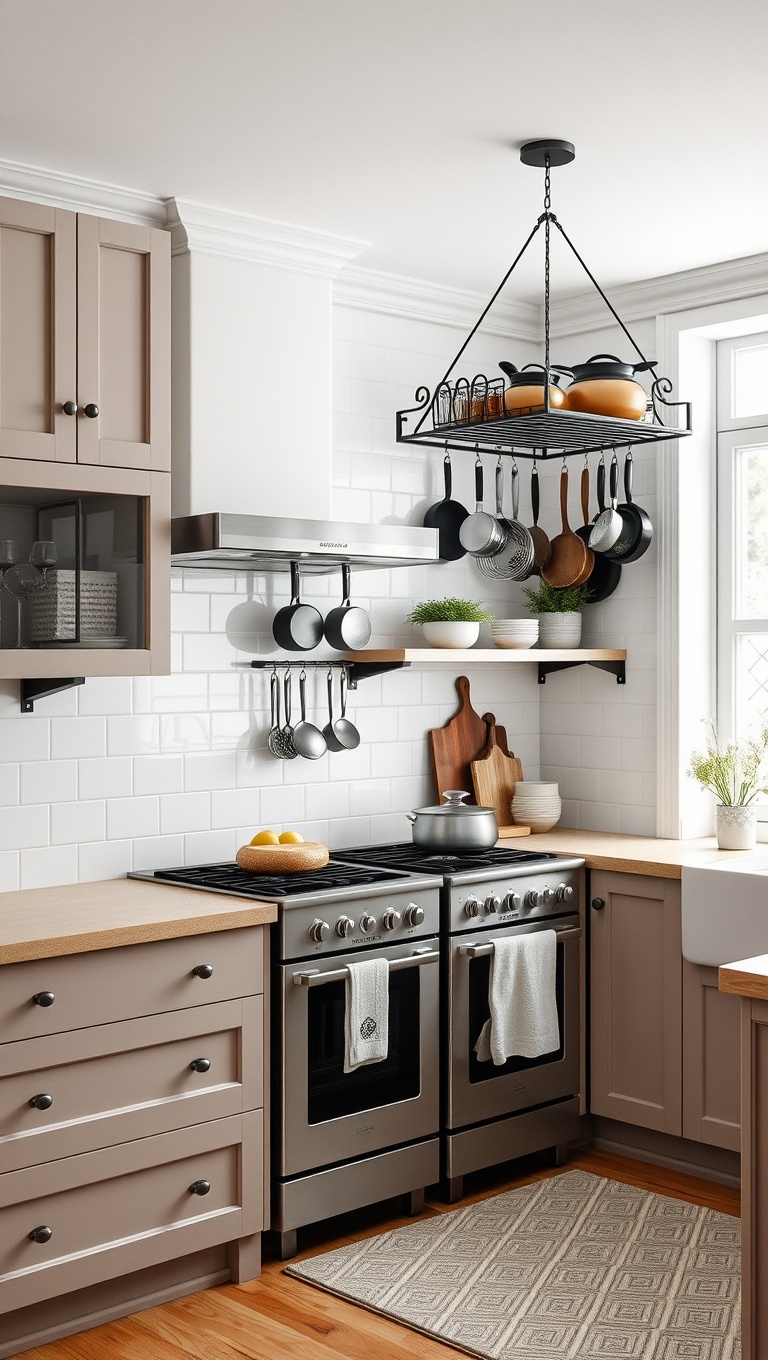 20 Creative Ideas to Elevate Your Kitchen with a Hanging Pot Rack! - 12. Wall-Mounted Wonders: Saving Floor Space