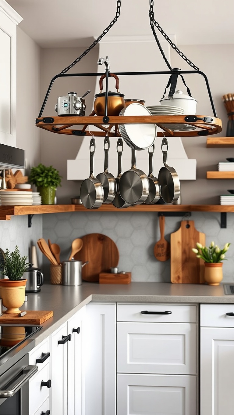 20 Creative Ideas to Elevate Your Kitchen with a Hanging Pot Rack! - 11. Mixed Materials: Combining Wood and Metal
