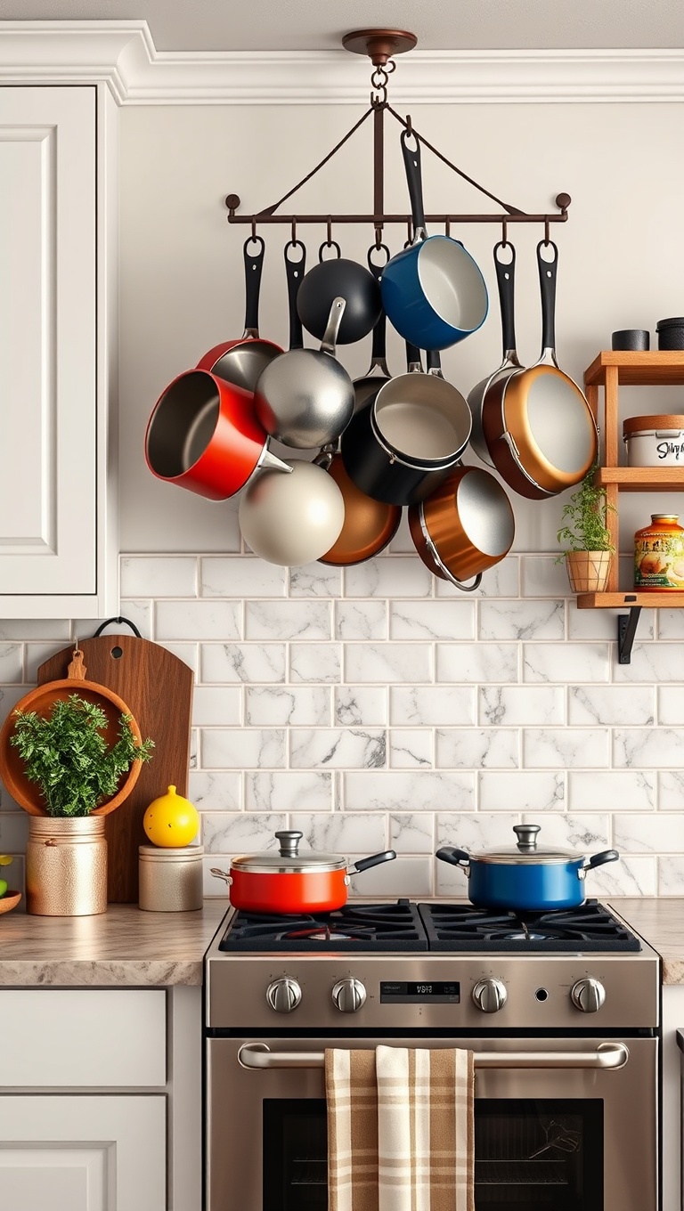20 Creative Ideas to Elevate Your Kitchen with a Hanging Pot Rack! - 19. Pot Organization: Colors and Sizes Matter!