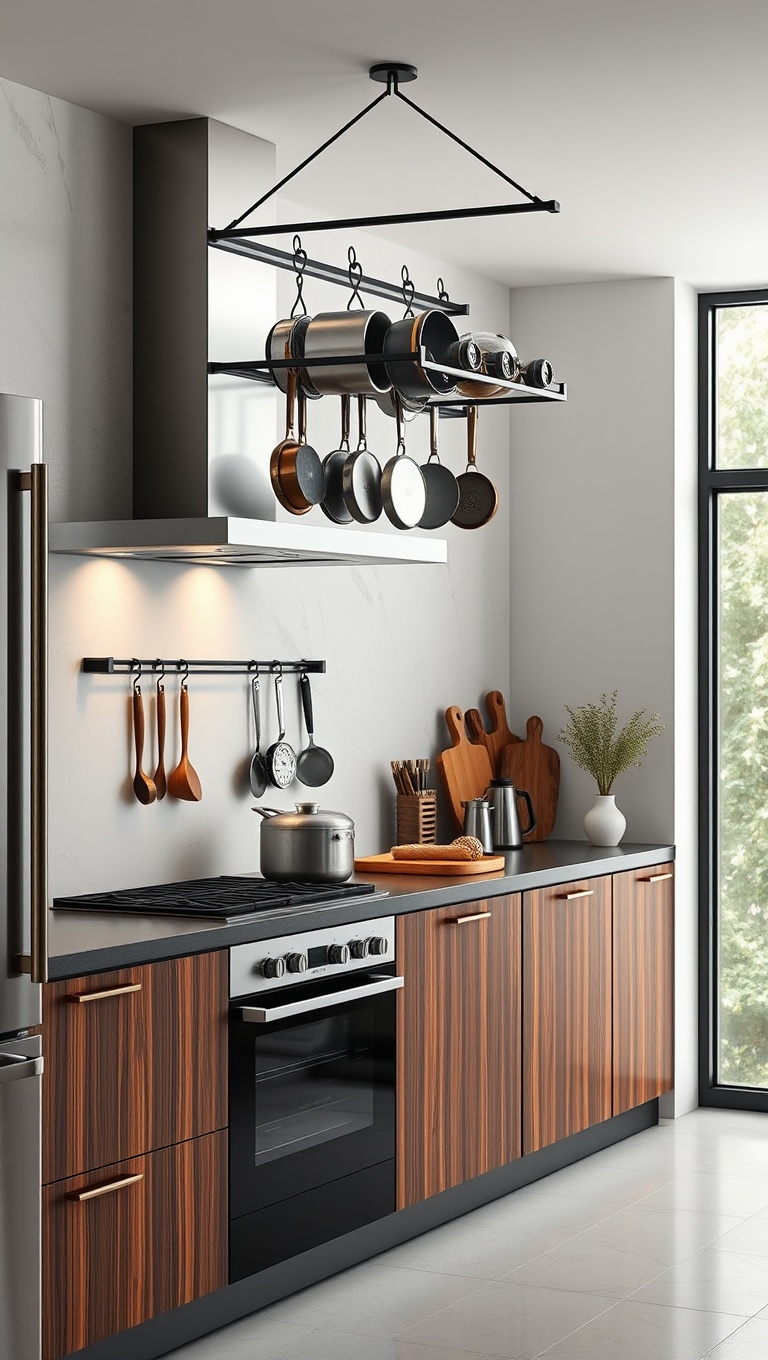 20 Creative Ideas to Elevate Your Kitchen with a Hanging Pot Rack! - 2. Minimalist Magic: Sleek Metal Designs