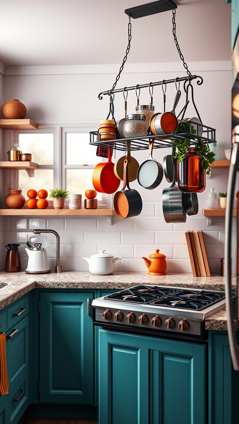 20 Creative Ideas to Elevate Your Kitchen with a Hanging Pot Rack! - 4. Color Pop: Brightly Painted Rack Ideas